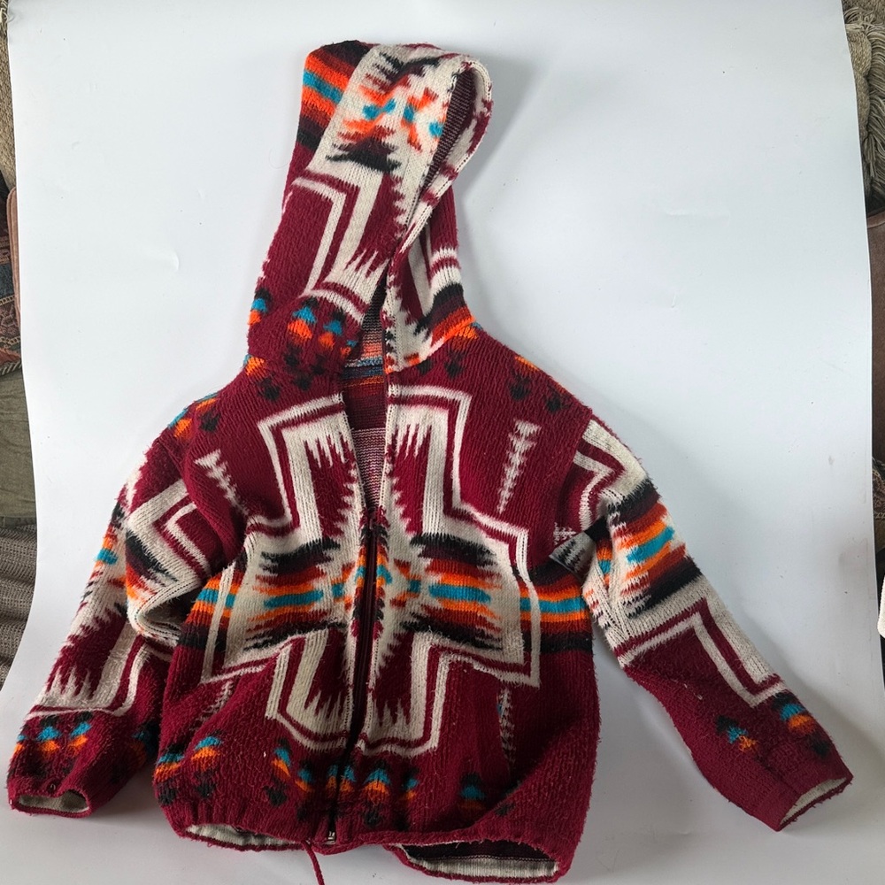 Maroon Southwestern Patterned Zip alpaca Hoodie